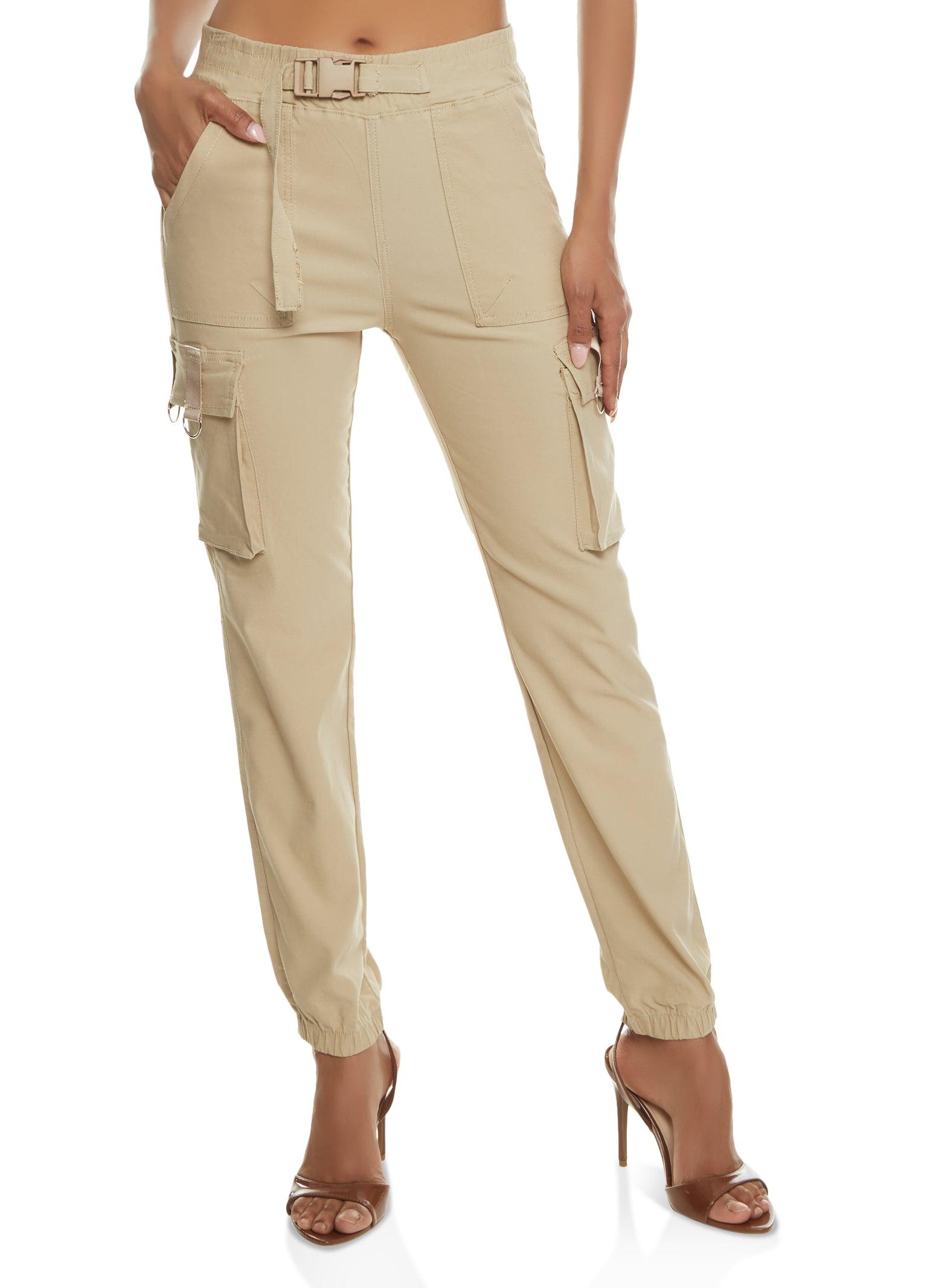 Womens Solid Buckle Detail Cargo Joggers Product Image
