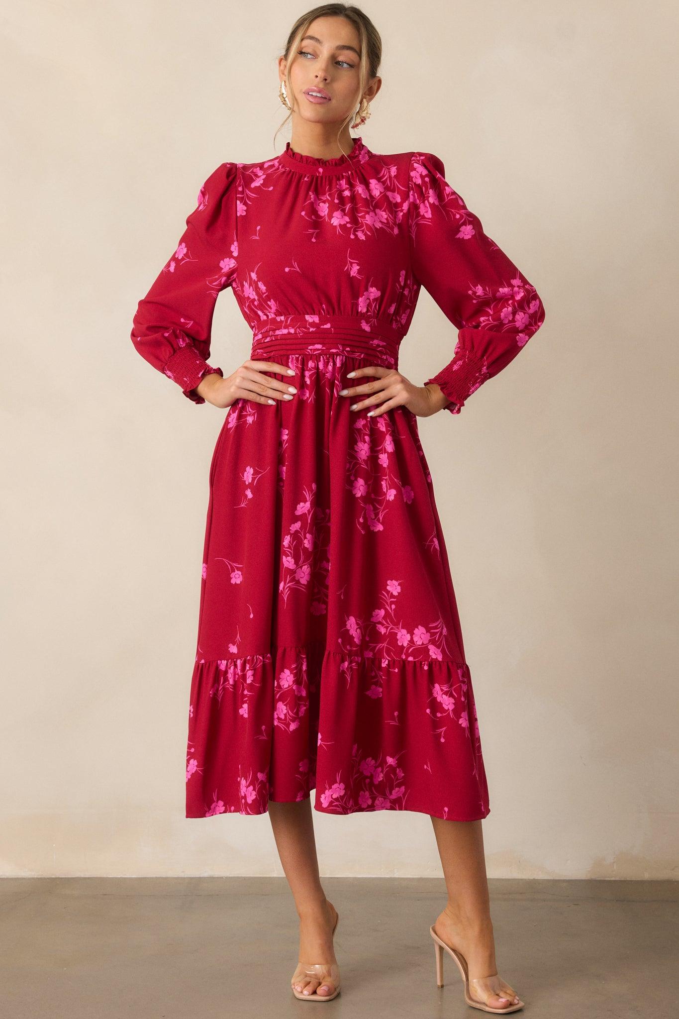 Flower Shop Stop Cherry Pink Floral Long Sleeve Midi Dress Product Image