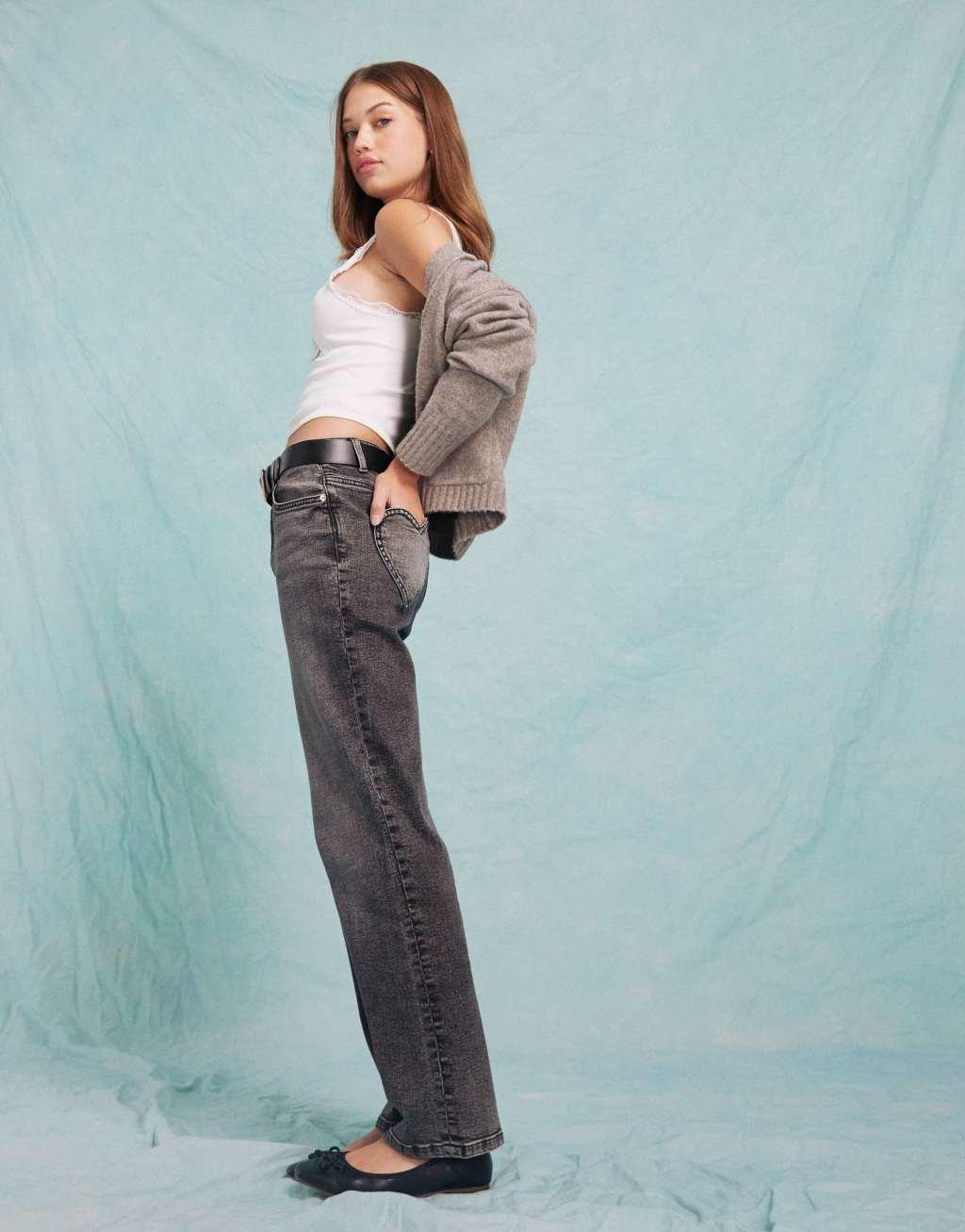 Miss Selfridge heart pocket straight leg jeans in black Product Image