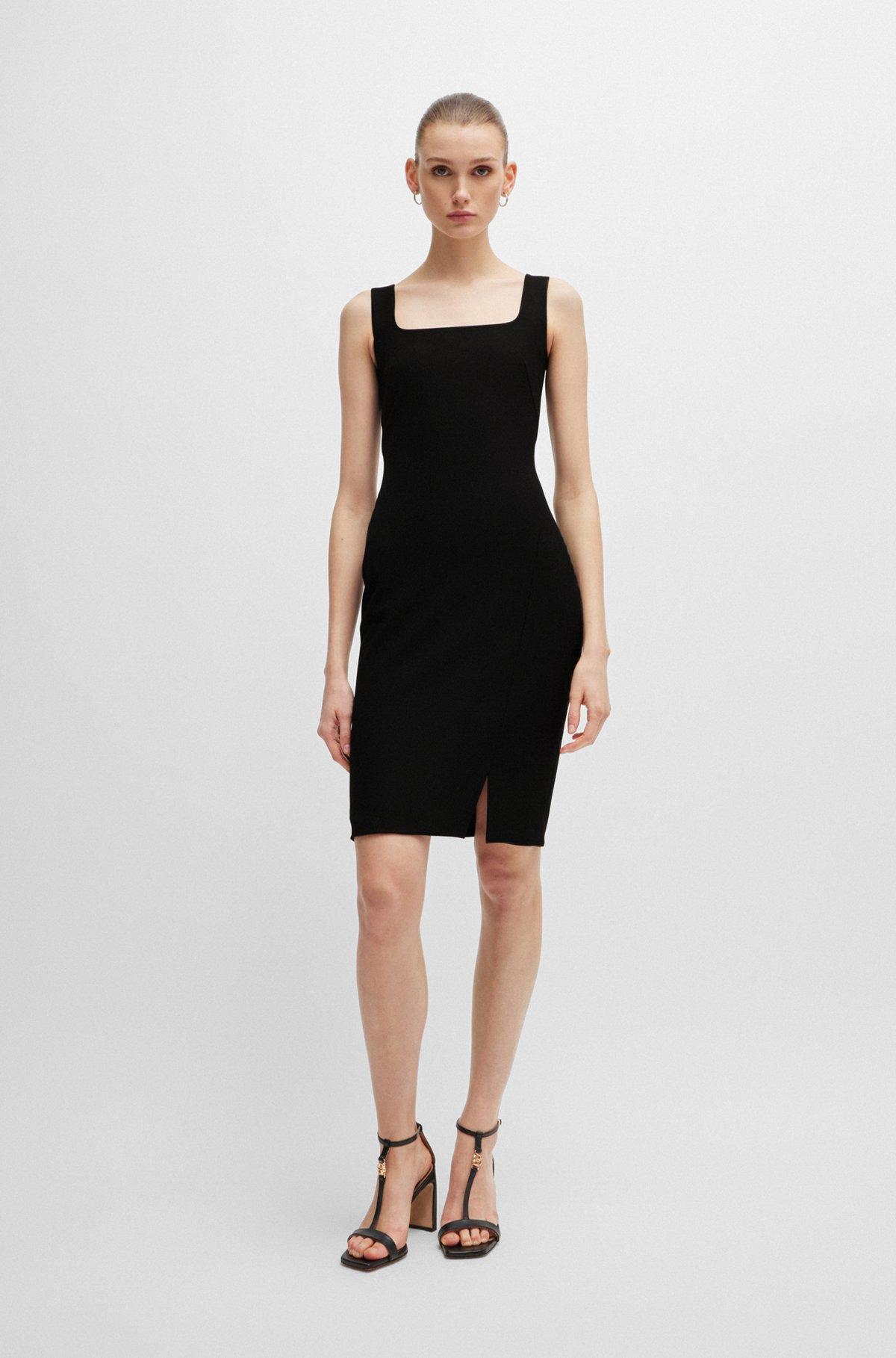 Square-neck dress in stretch material with front slit Product Image