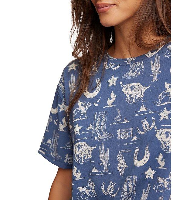 Free People Painted Floral Navy Western Printed Crew Neck Short Sleeve Tee Product Image