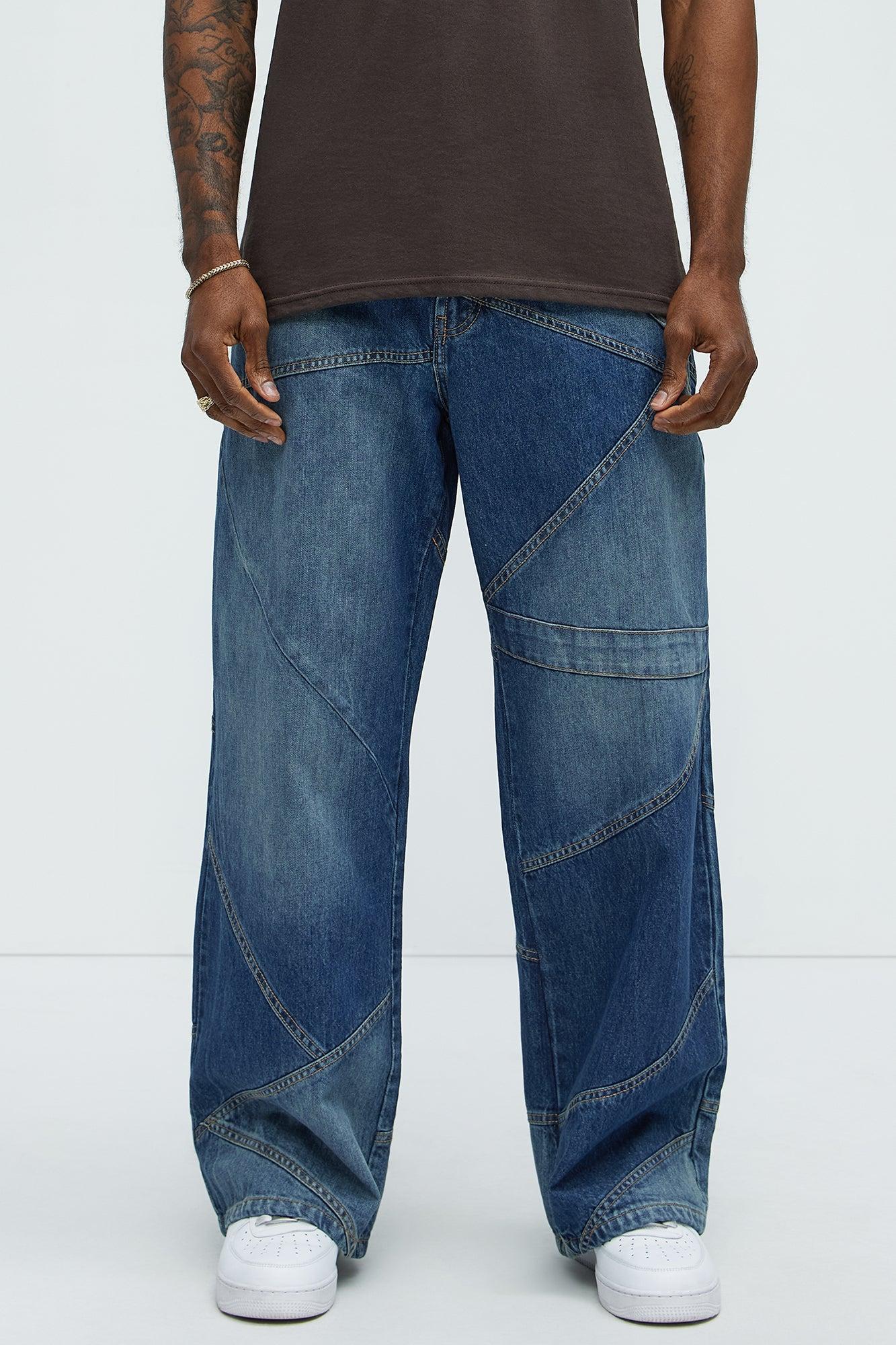Tonal Patchwork Baggy Jeans - Medium Wash Product Image