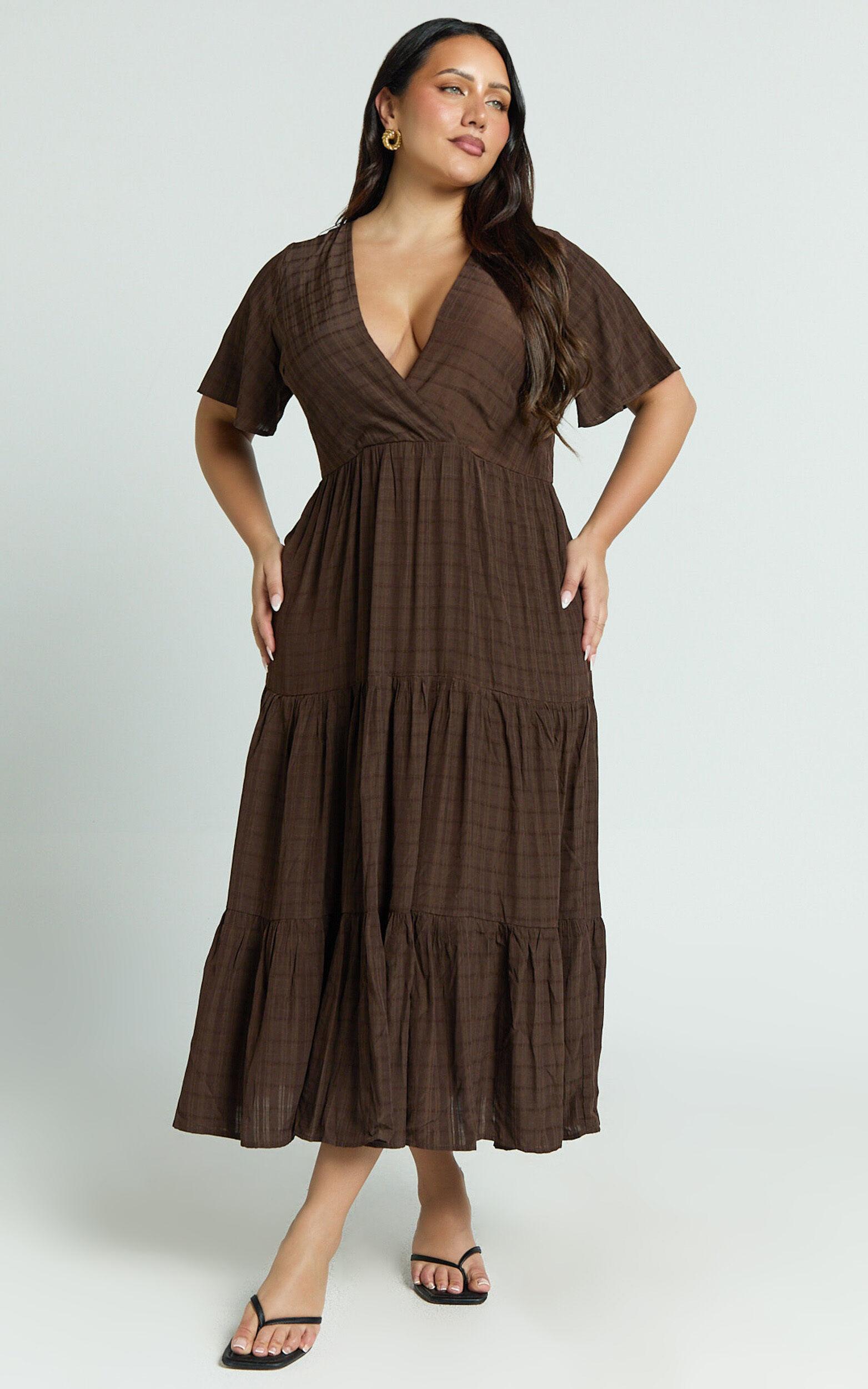 Cryzel Midi Dress - Flutter Sleeve Tiered Dress in Chocolate Product Image