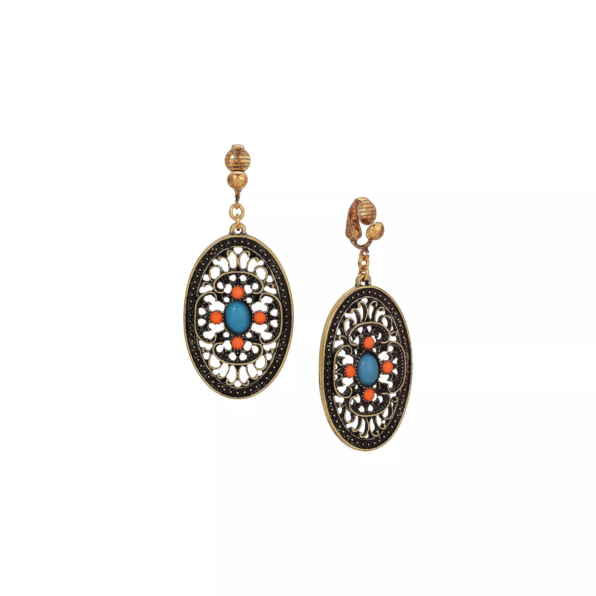 1928 Gold Tone Turquoise and Coral Enamel Filigree Oval Drop Clip-On Earrings, Women's Product Image
