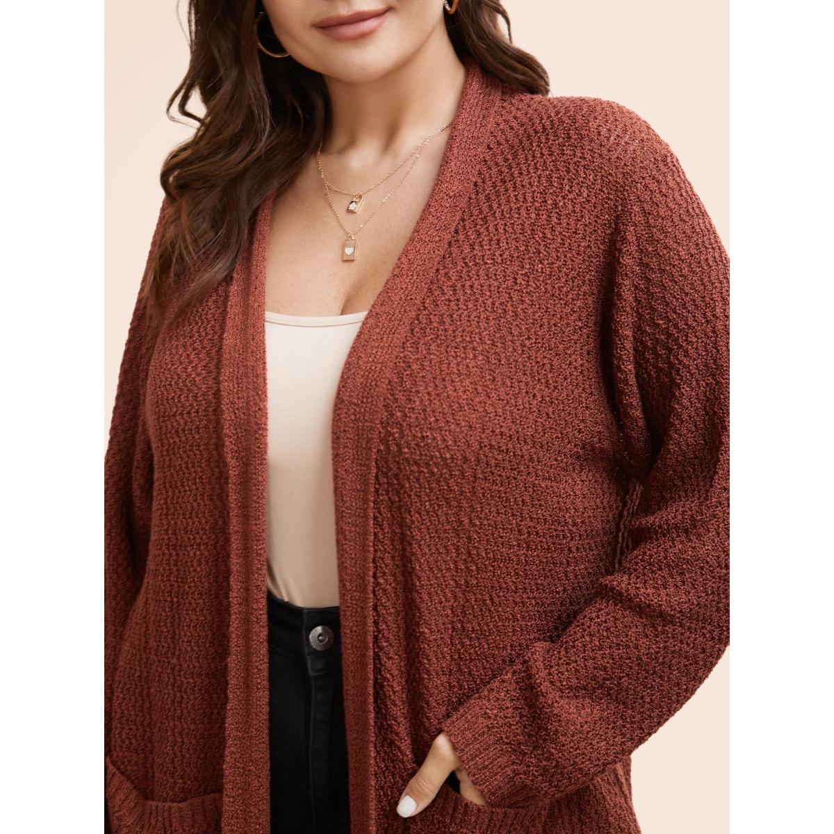 Plus Size Solid Tassel Trim Patched Pocket Cardigan Russet Women Resort Loose Long Sleeve Vacation Cardigans BloomChic 18-20/2X Product Image