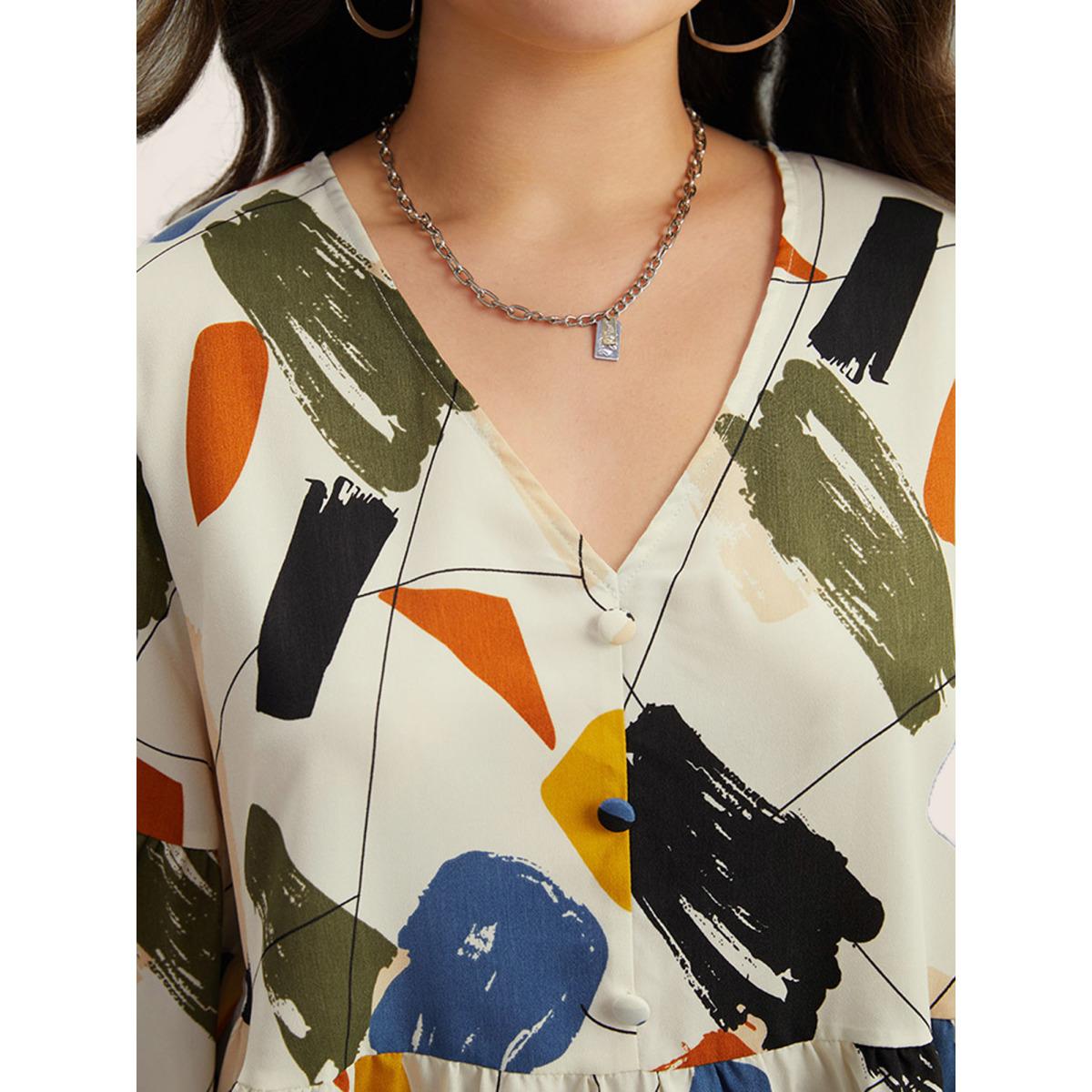 Plus Size Ivory Brush Print Button Detail Elastic Cuffs Blouse Women Playful Long Sleeve V-neck Casual Blouses BloomChic 18-20/2X Product Image