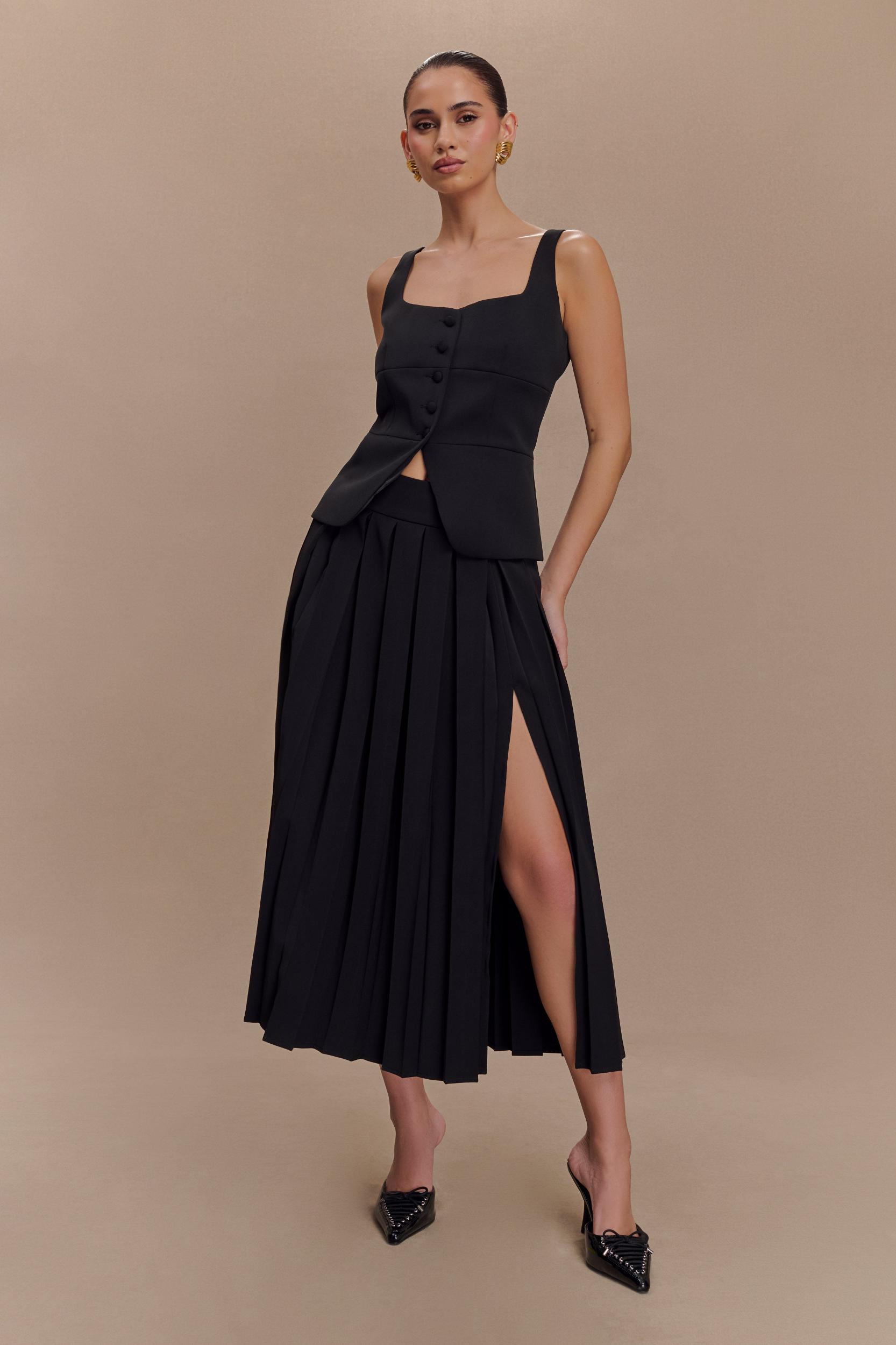 Sunny Pleated Midi Skirt - Black Product Image