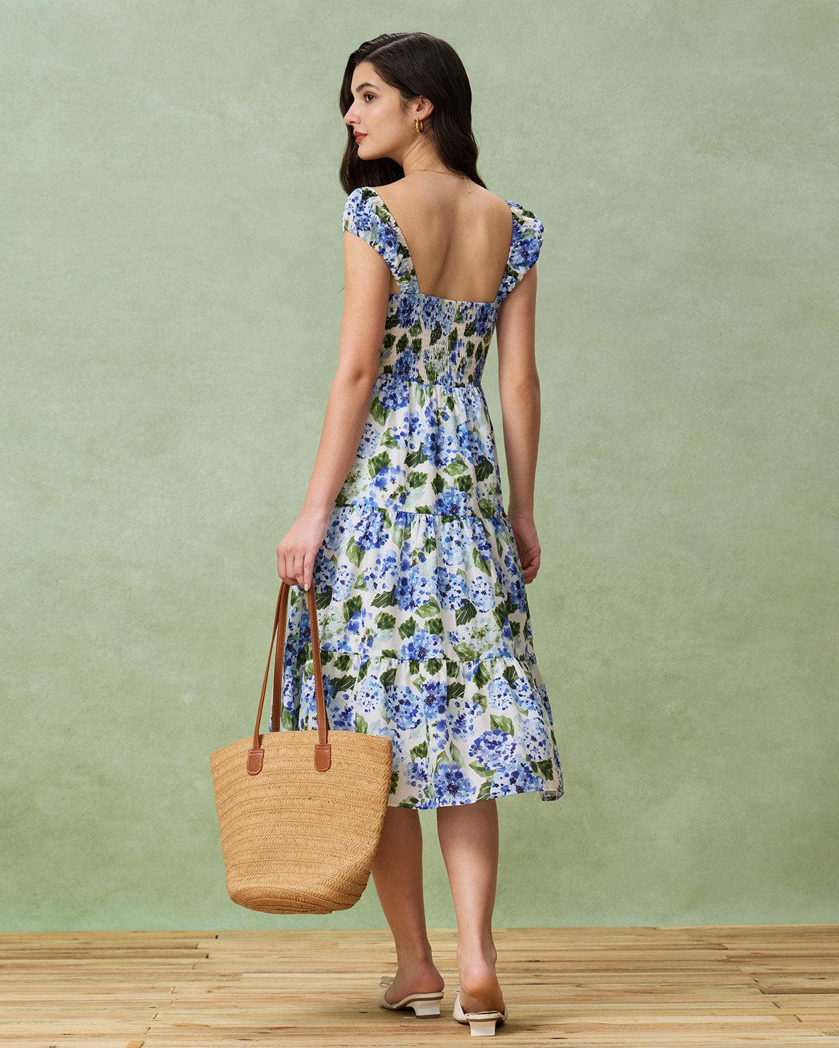 Blue Floral Square Neck Shirred Midi Dress Product Image