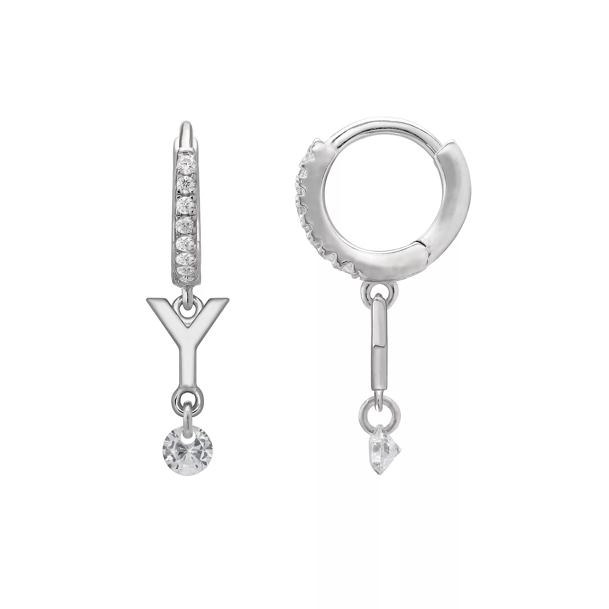 PRIMROSE Sterling Silver Initial Huggie Hoop Drop Earrings, Women's, Sterling Silver U Product Image