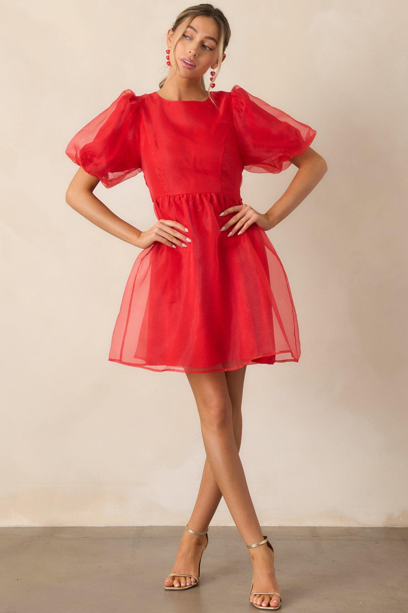 Another Kiss Red Puff Sleeve Mini Dress Product Image