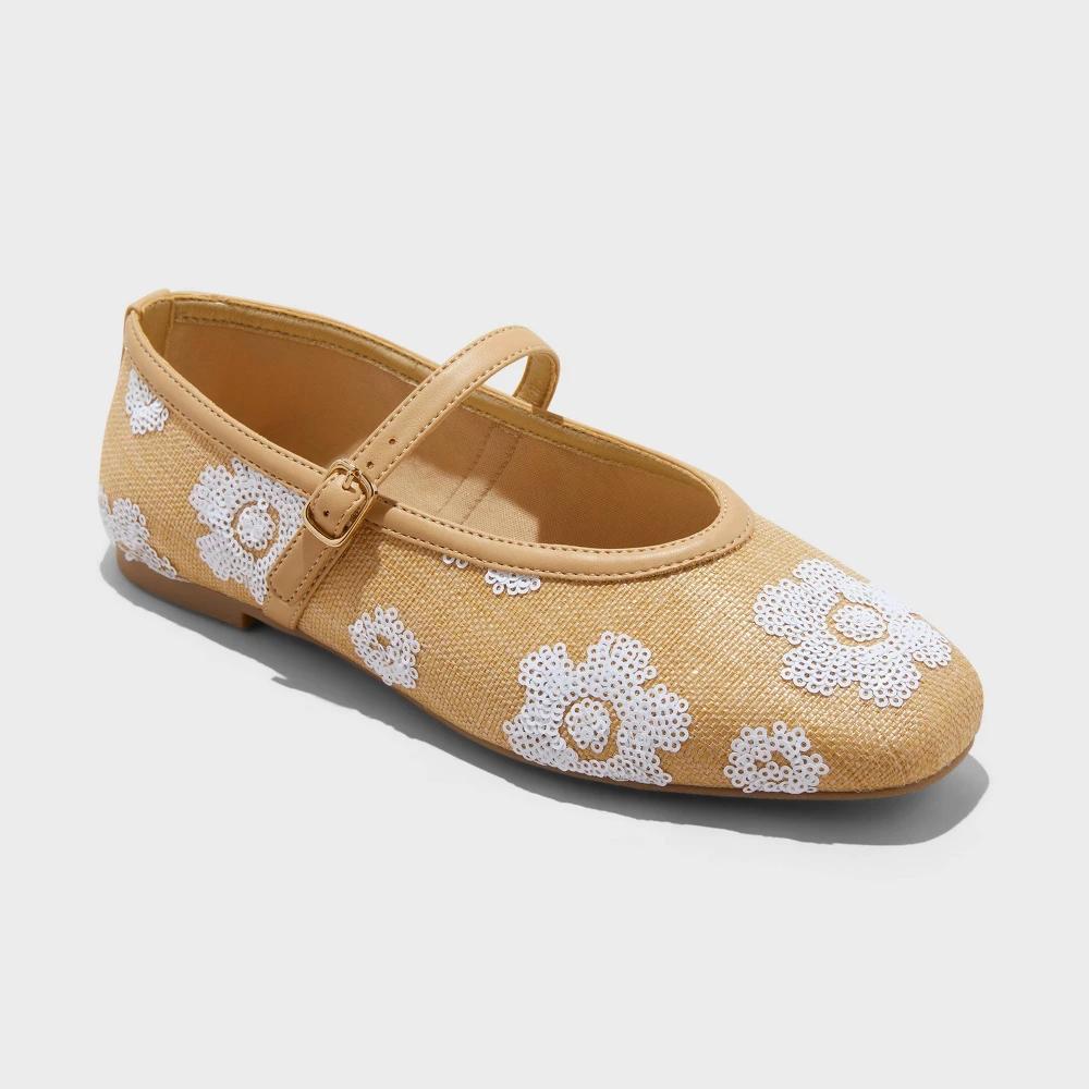 Women's Issa Raffia Floral Sequin Mary Jane Ballet Flat with Memory Foam Insole - A New Day™ Tan 7: Medium Width, Pull-On Style Product Image