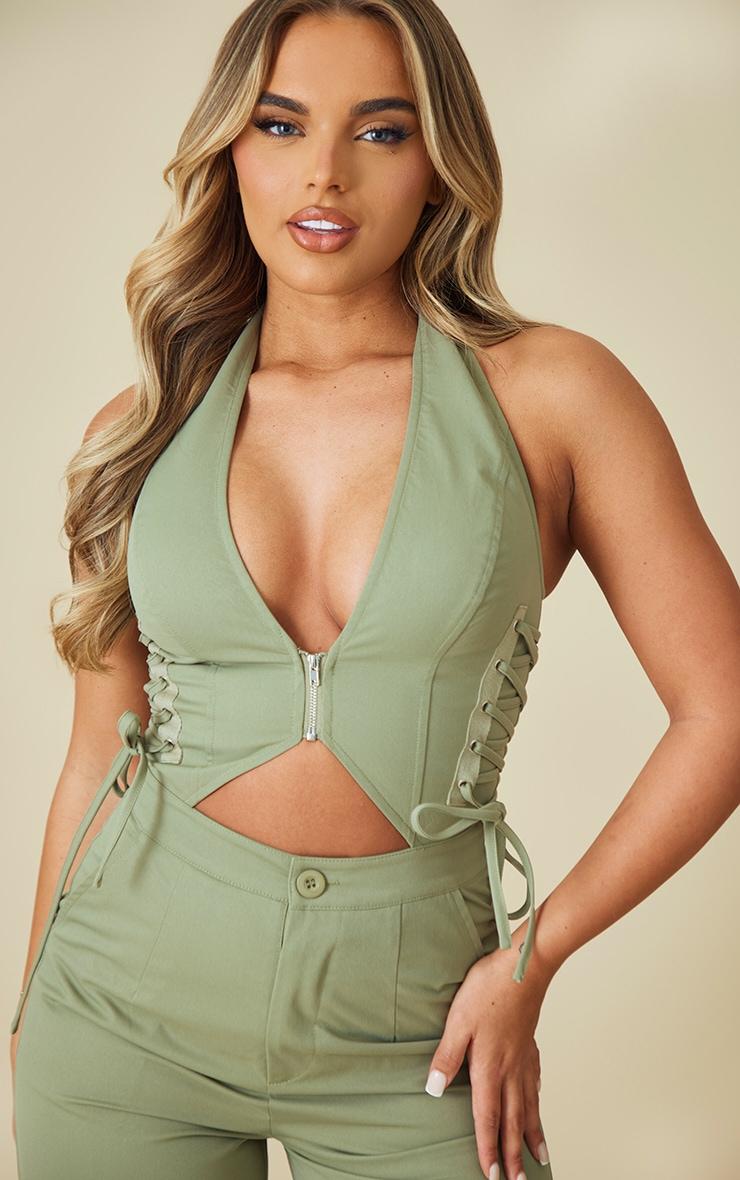 Light Khaki Woven Halter Zip Detailed Lace Up Jumpsuit Product Image