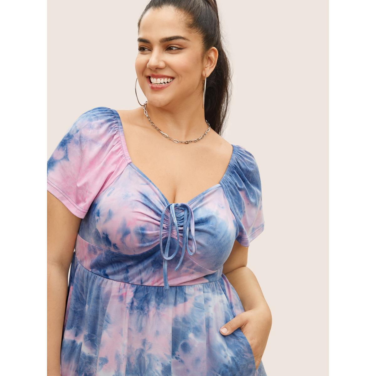 Plus Size Tie Dye Raglan Sleeve Drawstring Gathered Dress Multicolor Women Casual Gathered Heart neckline Short sleeve Curvy BloomChic 14-16/1X Product Image