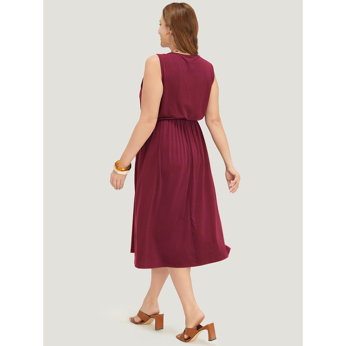 Plus Size Geometric Embroidered Buckle Detail Pocket Ruffle Hem Cami Dress Scarlet Women Vacation Embroidered V-neck Sleeveless Curvy Midi Dress BloomChic 18-20/2X Product Image