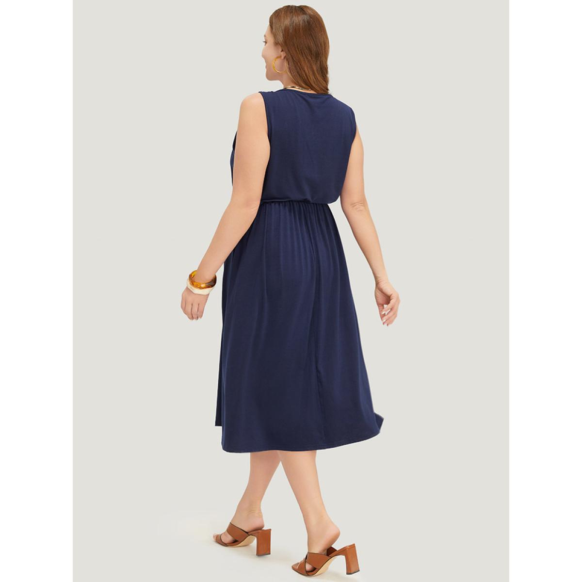 Plus Size Geometric Embroidered Buckle Detail Pocket Ruffle Hem Cami Dress Indigo Women Vacation Embroidered V-neck Sleeveless Curvy Midi Dress BloomChic 18-20/2X Product Image