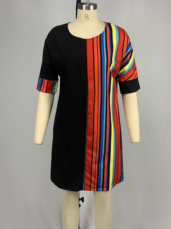 A-Line Half Sleeves Asymmetric Contrast Color Striped Round-Neck Mini Dresses Product Image