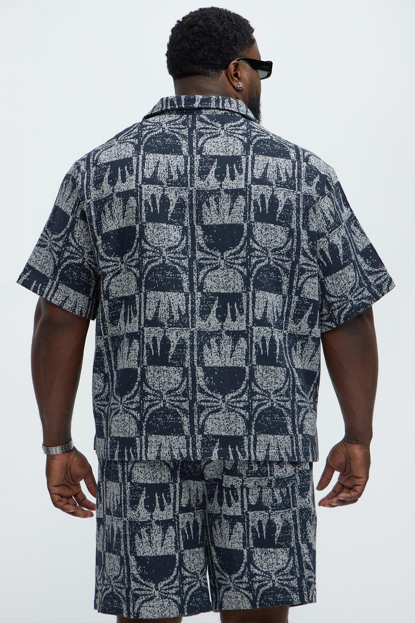 Tribal Pattern Cuban Button Down Shirt - Navy/combo Product Image