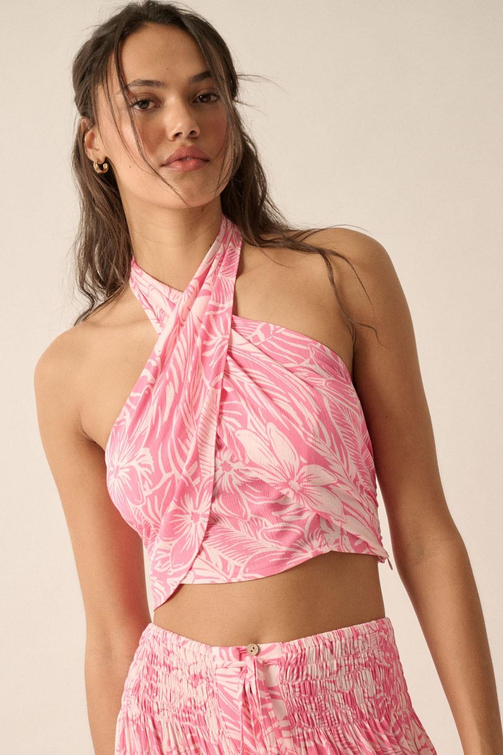 Floral Crisscross-Strap Cropped Halter Top Product Image