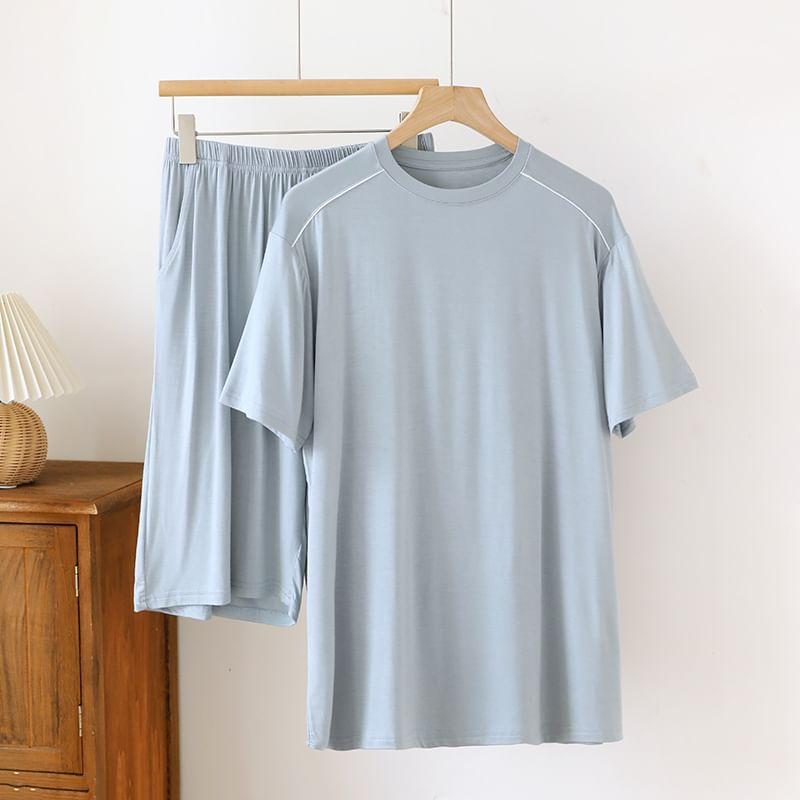 Pajama Set: Short-Sleeve Round Neck Two Tone T-Shirt + Lounge Shorts Product Image