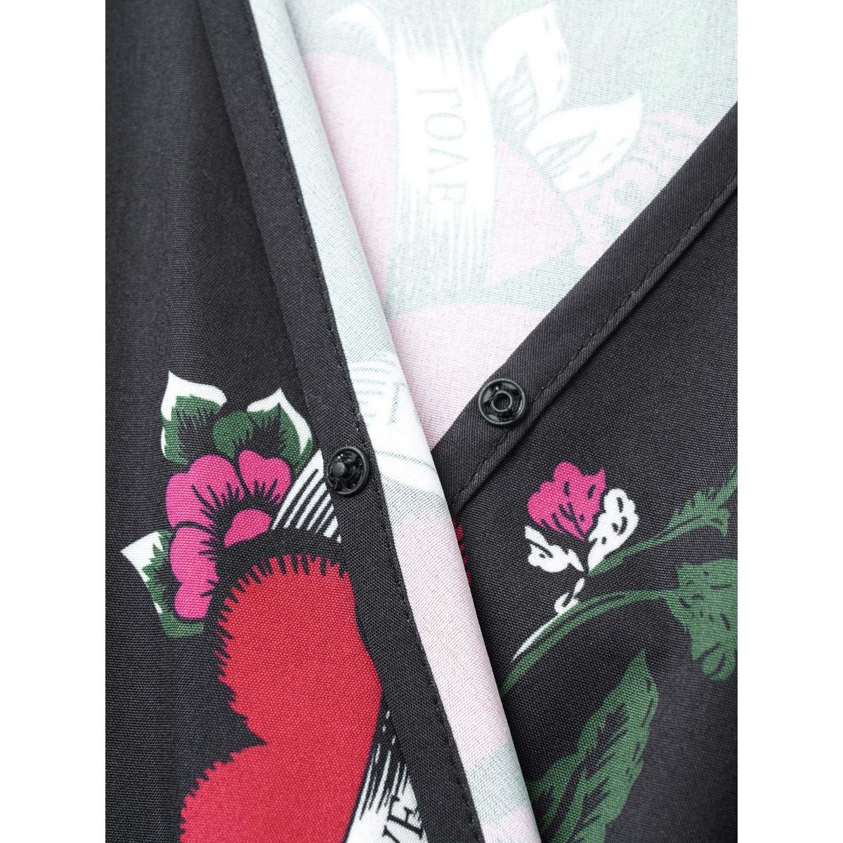 Plus Size Black Floral Elastic Waist Overlap Collar Gathered Jumpsuit Women Elegant Elbow-length sleeve Overlap Collar Everyday Loose Jumpsuits BloomChic 12/L Product Image