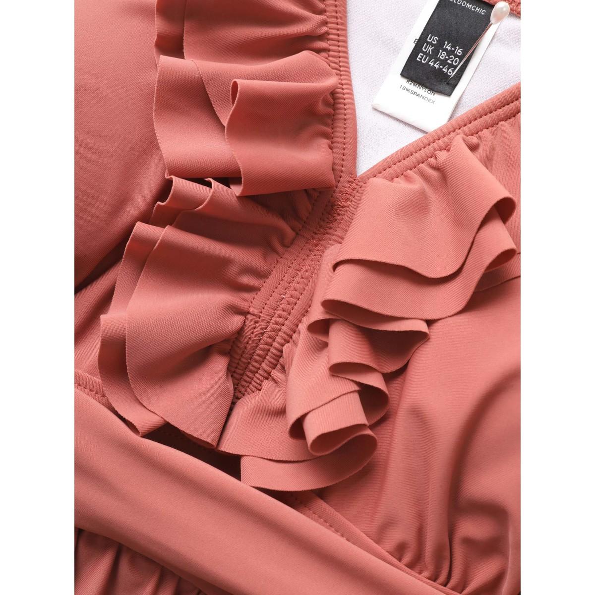 Plus Size Ruffle Trim Adjustable Straps Gathered Sculpt Waist Swim Dress Women's Swimwear Salmon Beach Bodycon V-neck High stretch Curve Swim Dresses BloomChic 30/6X Product Image