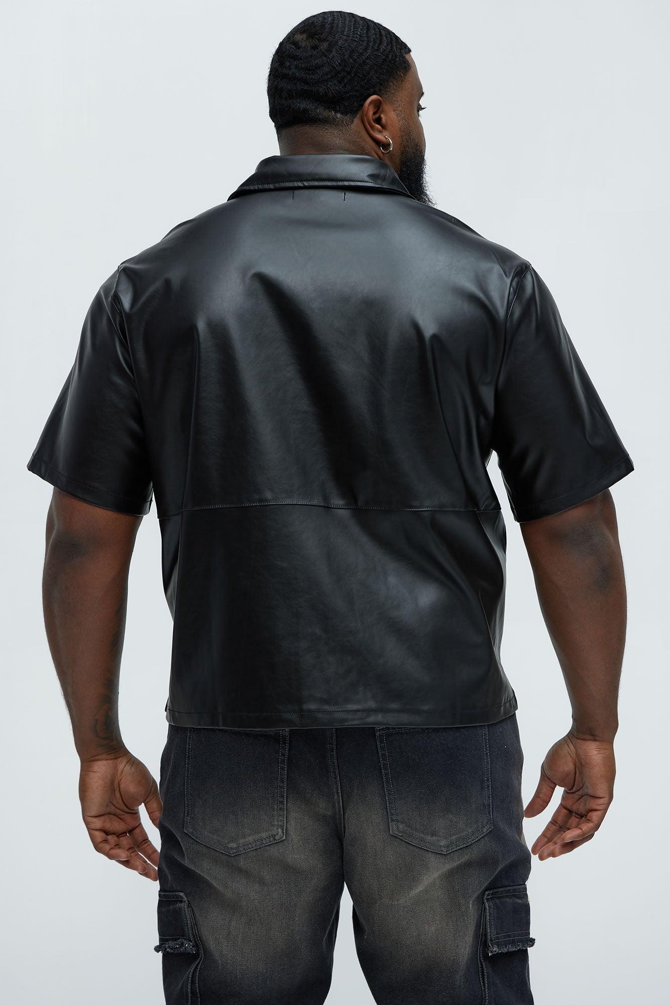 Slam Dunk Faux Leather Short Sleeve Button Up - Black Product Image