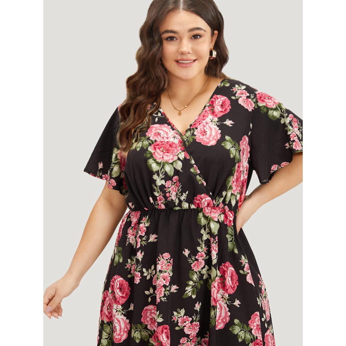 Plus Size Floral Print Ruffle Sleeve Pocket V Neck Wrap Dress BlackFlower Women Elegant Printed V-neck Short sleeve Curvy Midi Dress BloomChic 14-16/1X Product Image