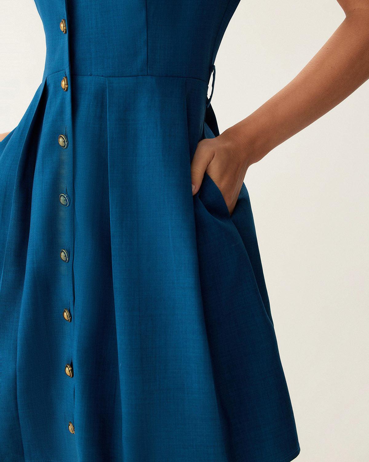 Blue Puffed Sleeve Button Mini Dress Product Image