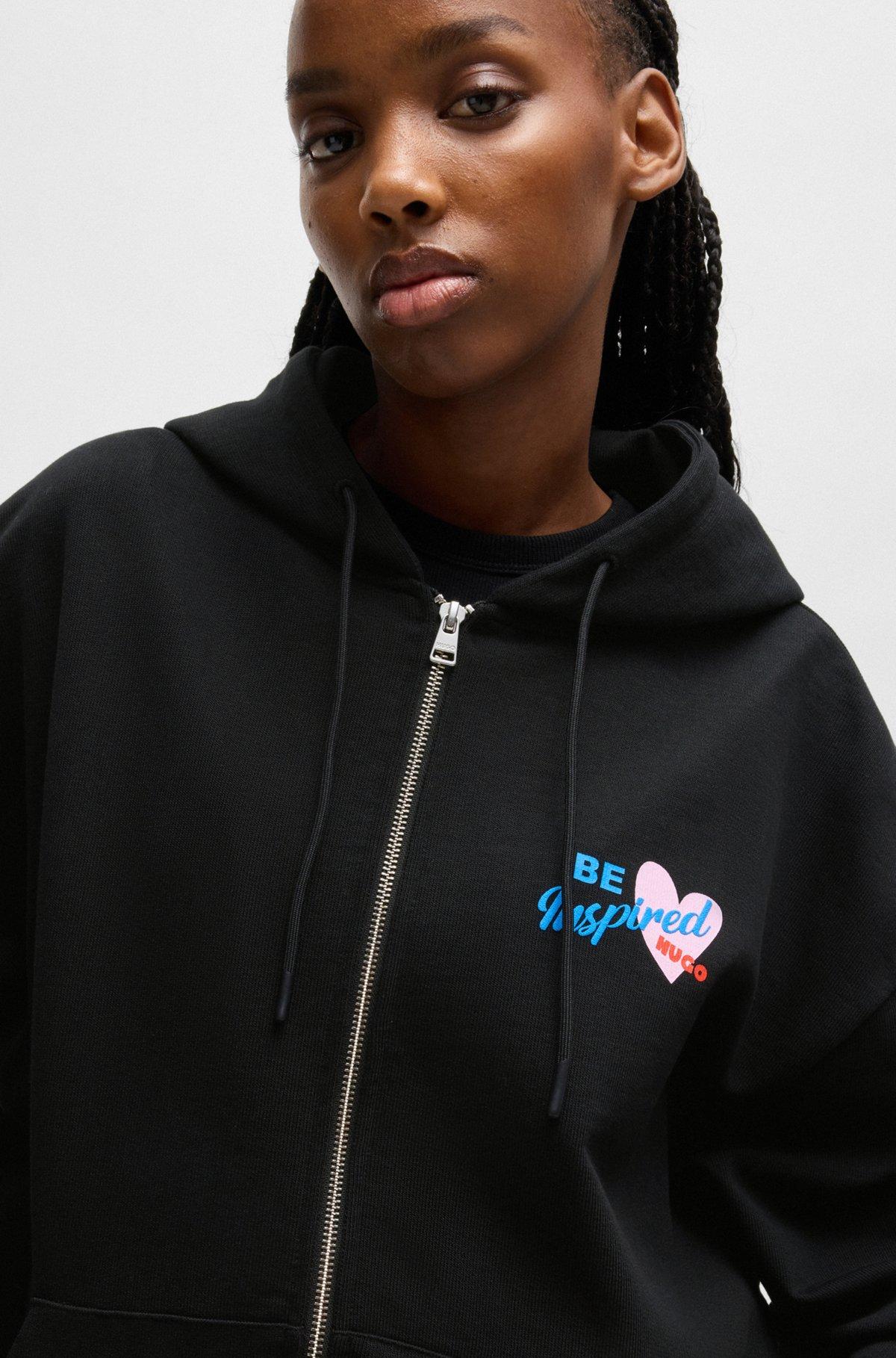 HUGO - Cotton-terry zip-up hoodie with seasonal artwork - Black Product Image