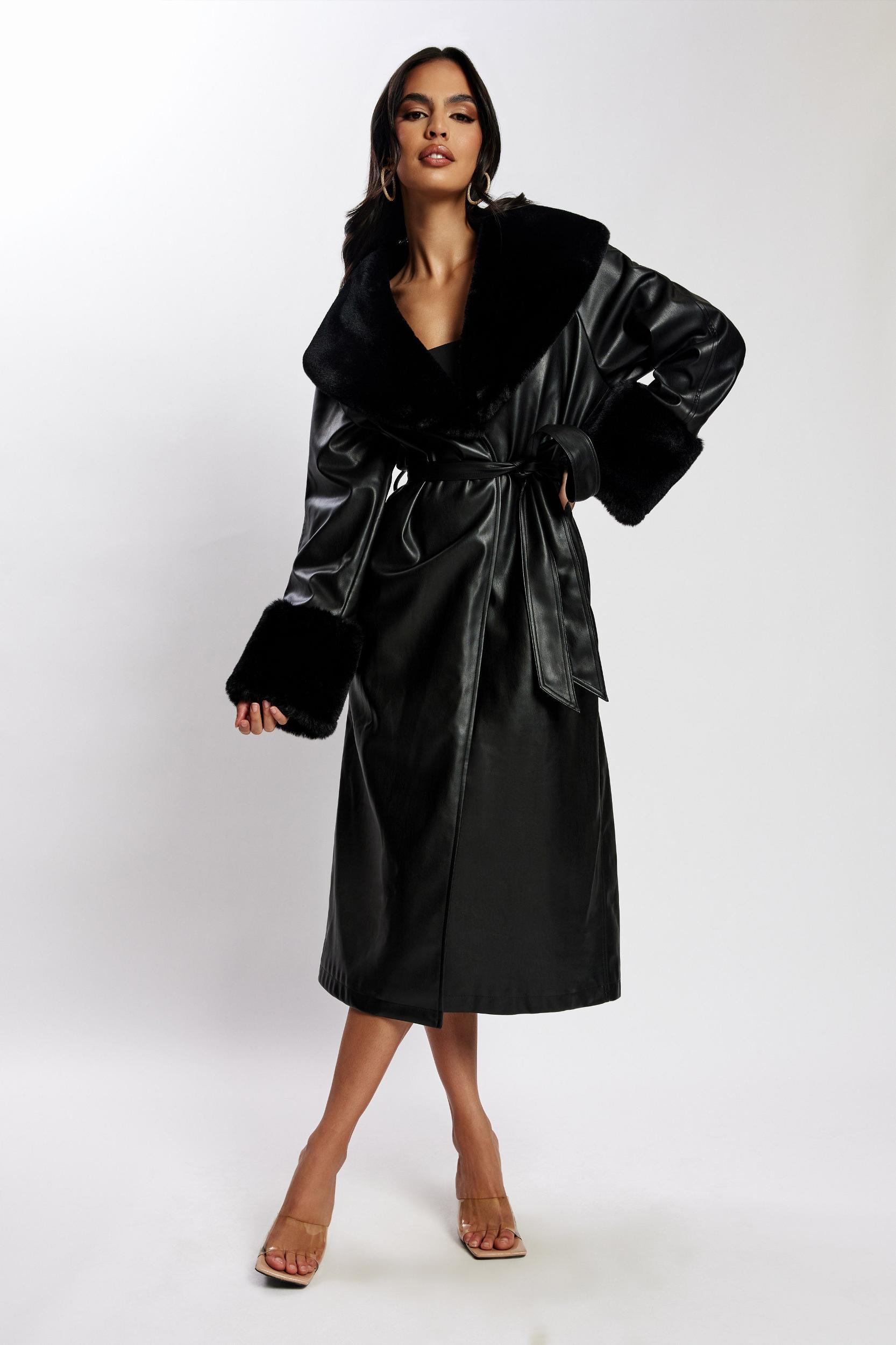Rebekah Oversized Pu Trench Coat With Fur Trim - Black Product Image
