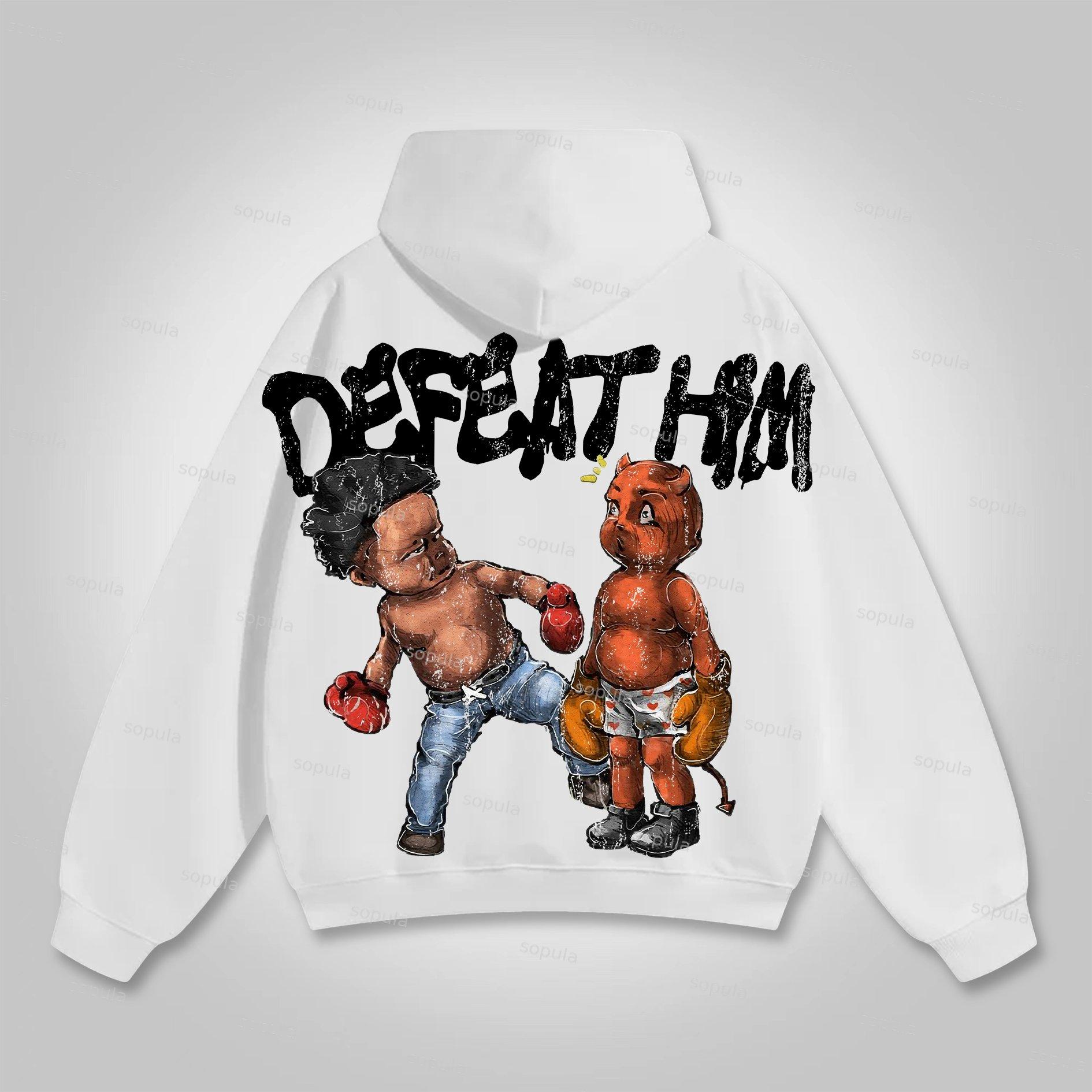 Sopula Vintage Boxer Defeat Him Graphic Print Pocket Hoodie Product Image