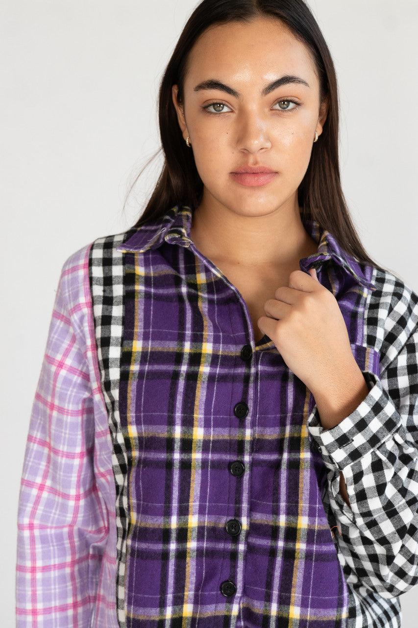 Cropped Patchwork Plaid Flannel Shirt Product Image