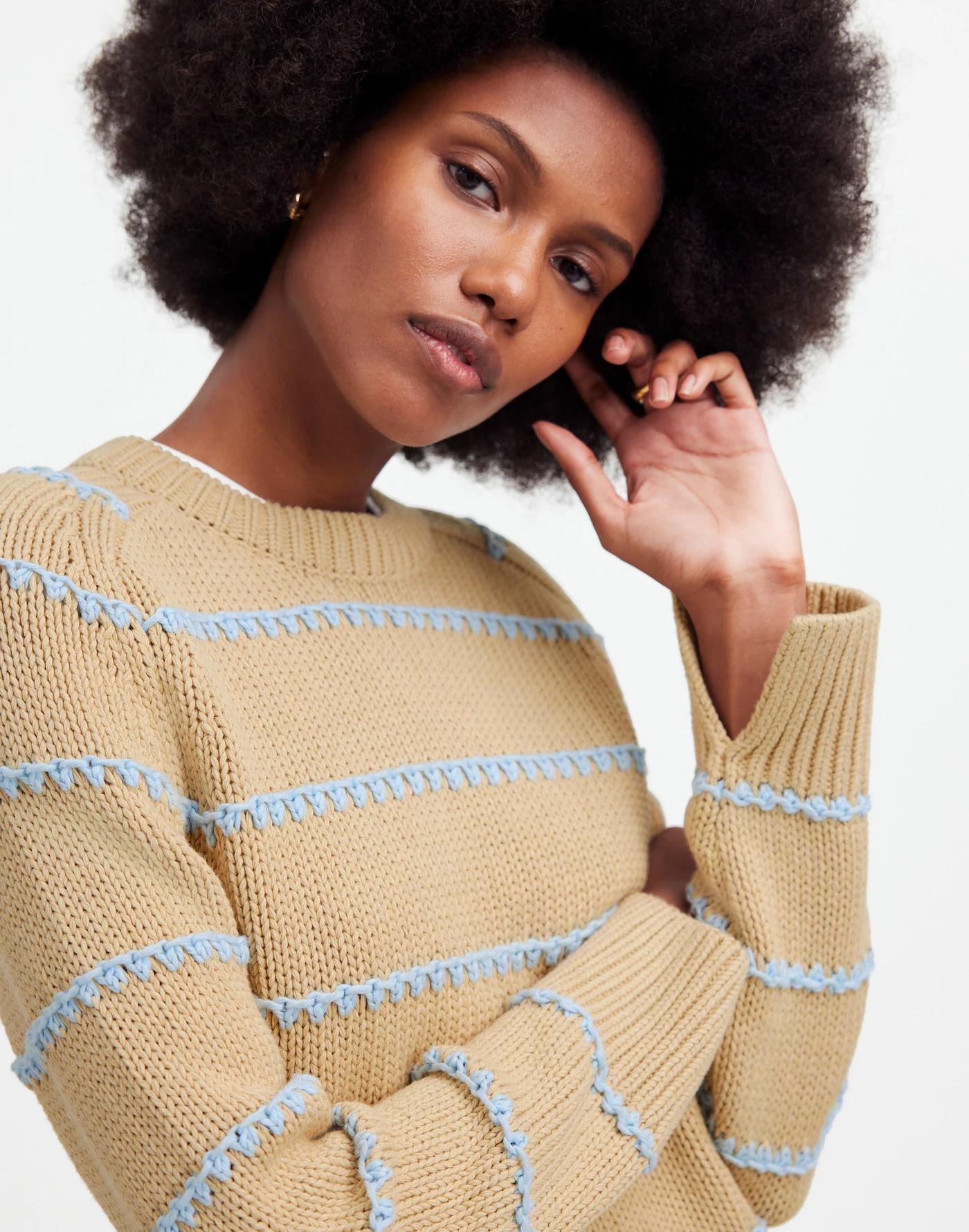 Textured Cotton Crewneck Sweater in Stripe Product Image