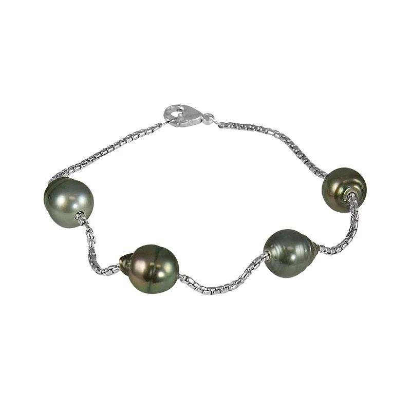 Sterling Silver Tahitian Black Cultured Pearl Station Bracelet, Womens Product Image