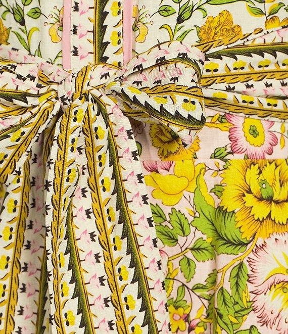 A Loves A Floral Woven Linen Round Neck Short Bubble Sleeve Button Front Tie At Waist A-Line Flounce Mini Dress Product Image