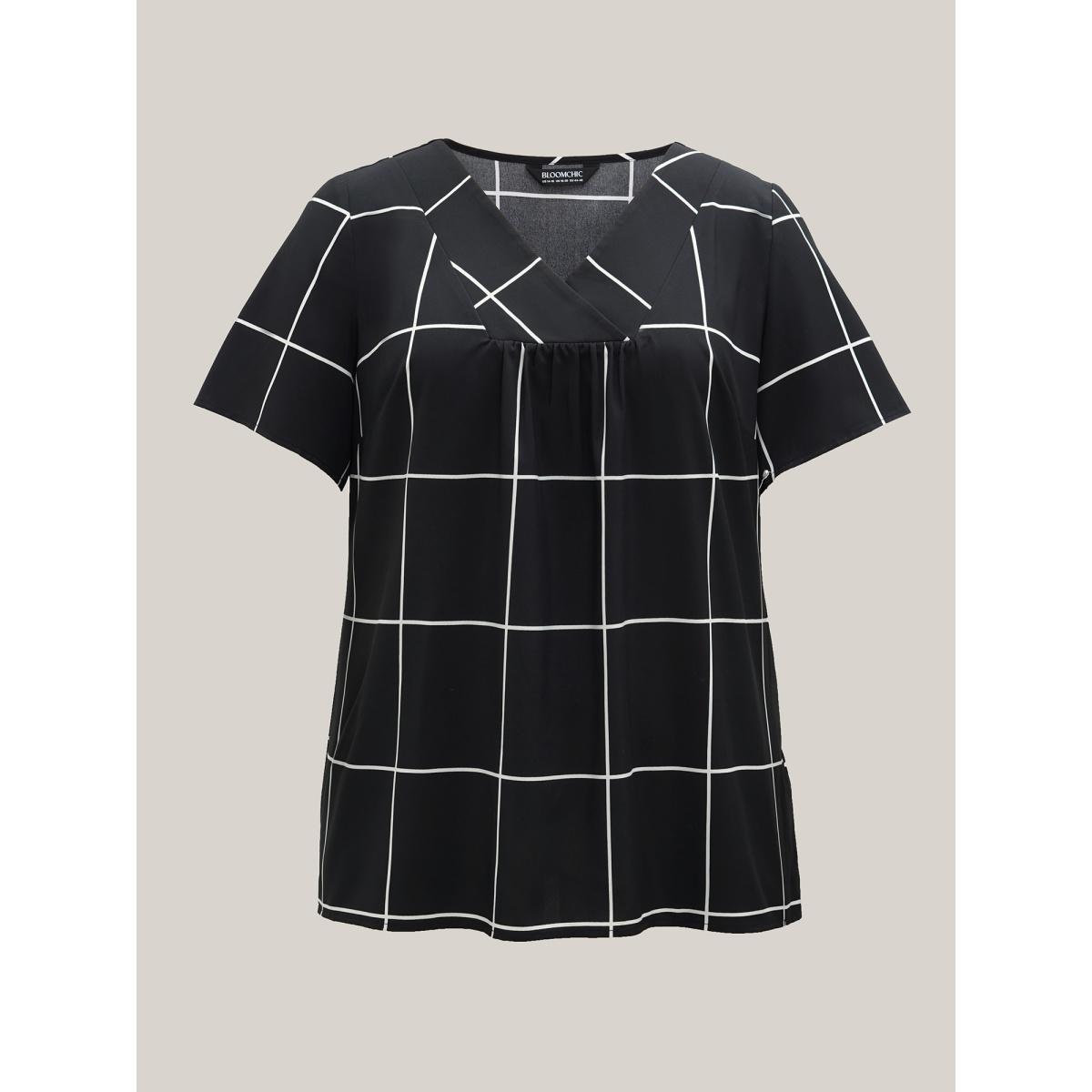 Plus Size Black Plaid Crumpled V-Neck Fitted Shirt Women At the Office Short sleeve Overlap Collar Work Blouses BloomChic 22-24/3X Product Image