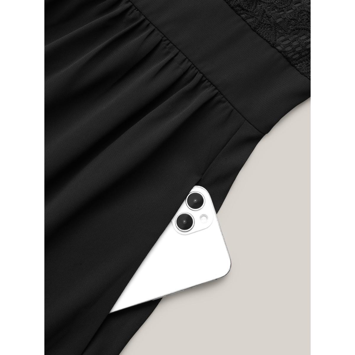 Plus Size Lace Patchwork Shirred Midi Pocket Dress Black Women Formal Woven ribbon&lace trim Round Neck Elbow-length sleeve Curvy BloomChic 22-24/3X Product Image