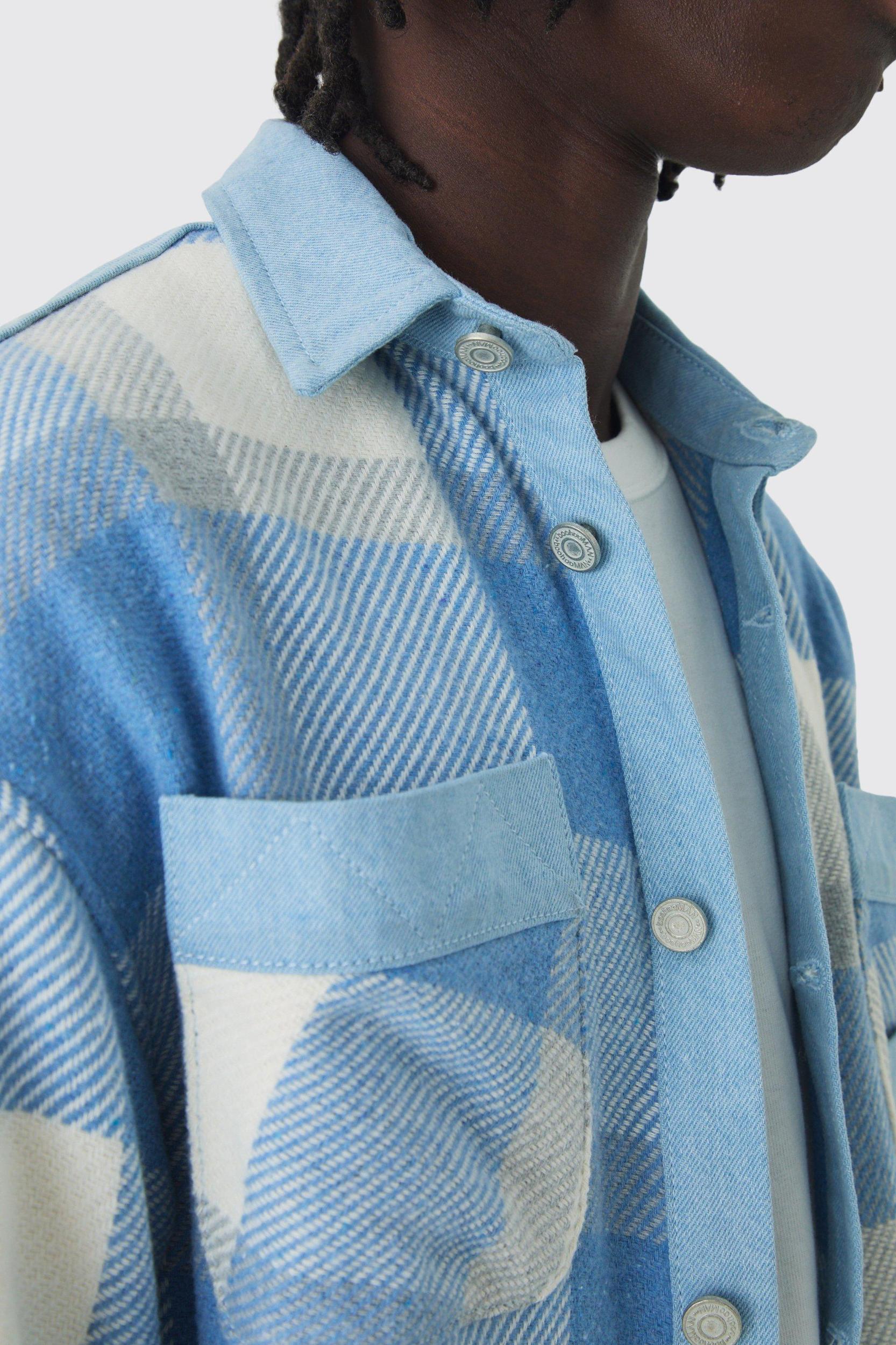 Oversized Denim PlaidQuilted Shirt Jacket | boohooMAN USA Product Image