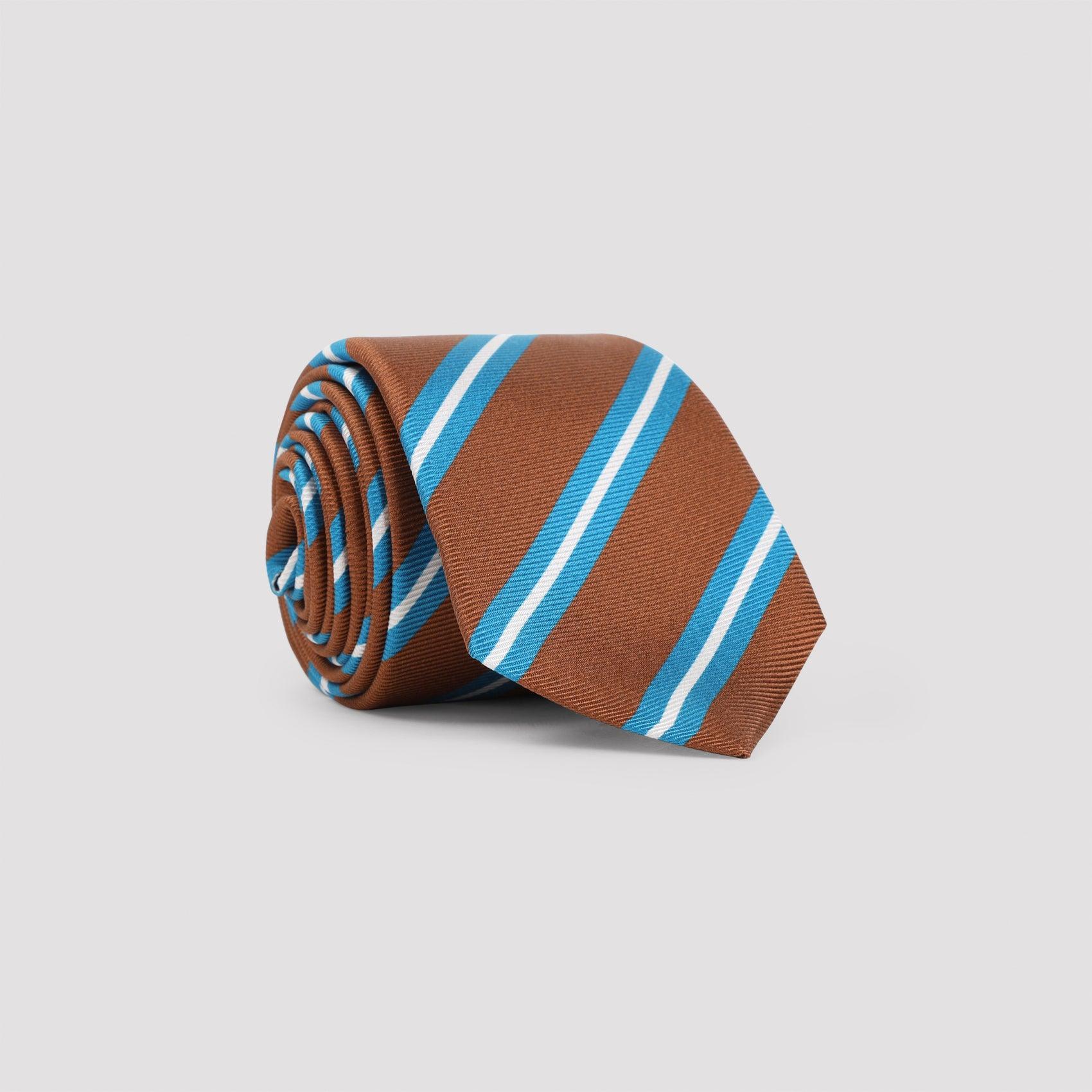 KITON Brown Silk Tie With White And Blue Stripes Product Image