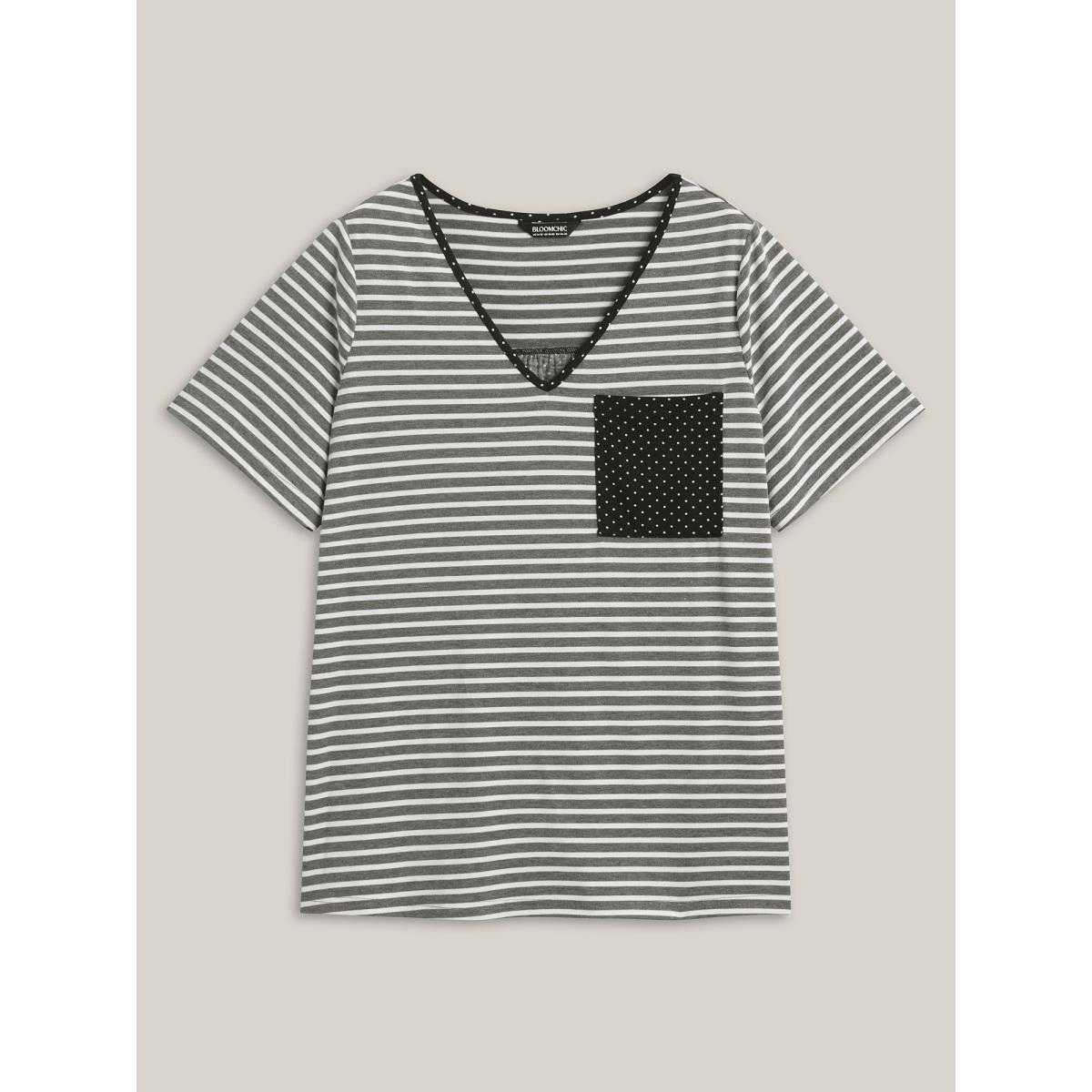 Plus Size Striped Polka Dots Print Pockets T-Shirt DimGray Women Contrast V-neck Everyday-Casual T-shirts BloomChic 22-24/3X Product Image