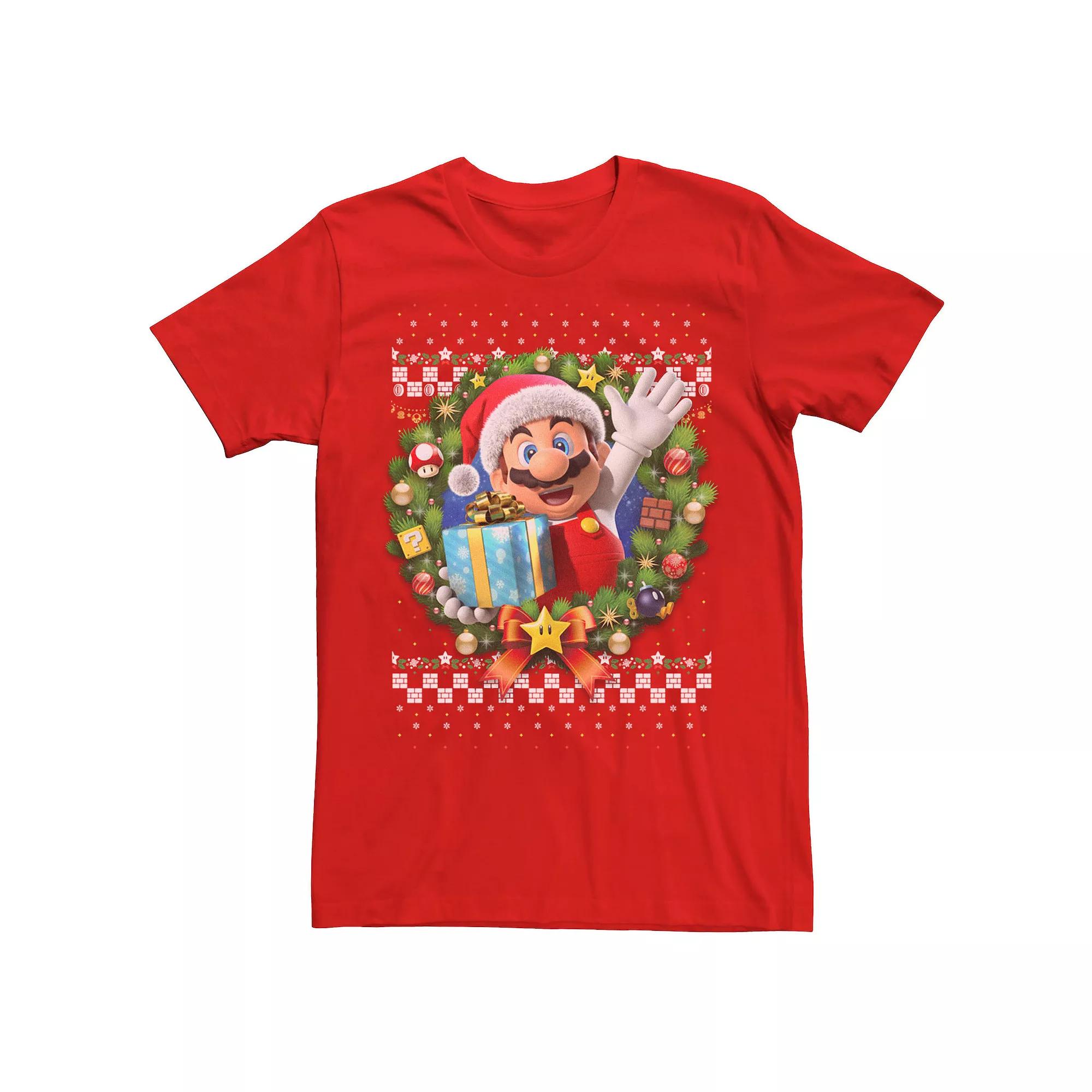 Men's Nintendo Super Mario 3D Christmas Wreath Present Graphic Tee,  Product Image