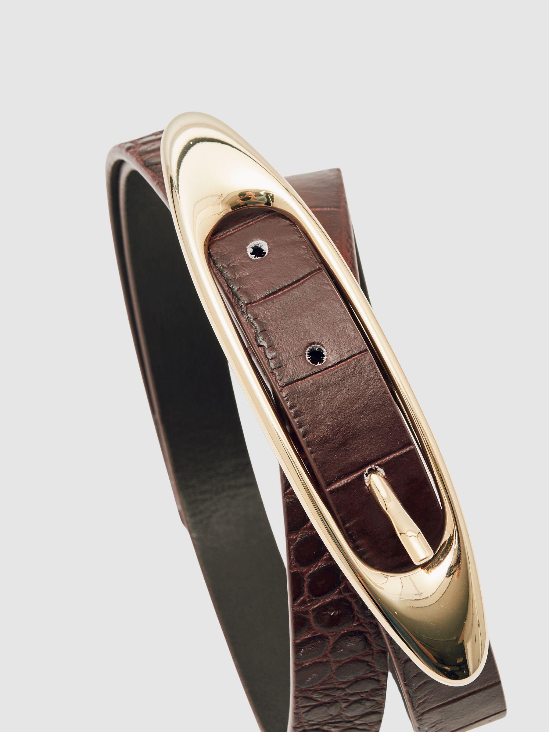 Croc-Effect Leather Oval-Buckle Belt in Burgundy Product Image