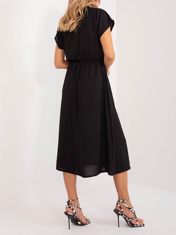 A-Line High Waisted Buttoned Pleated Solid Color Lapel Midi Dresses Product Image