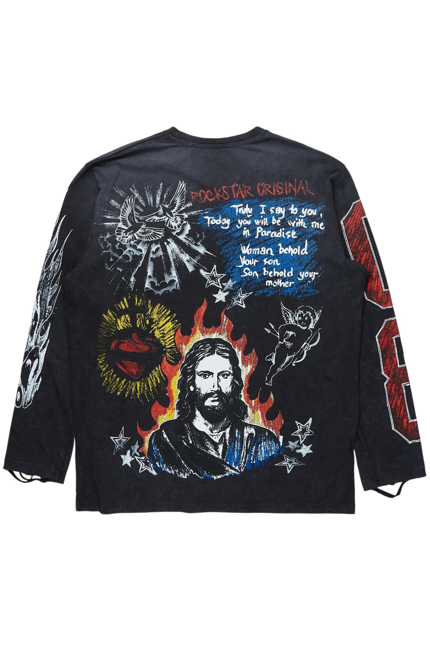 Jesus Crayon Vintage Black Long Sleeve Graphic T-Shirt Male Product Image