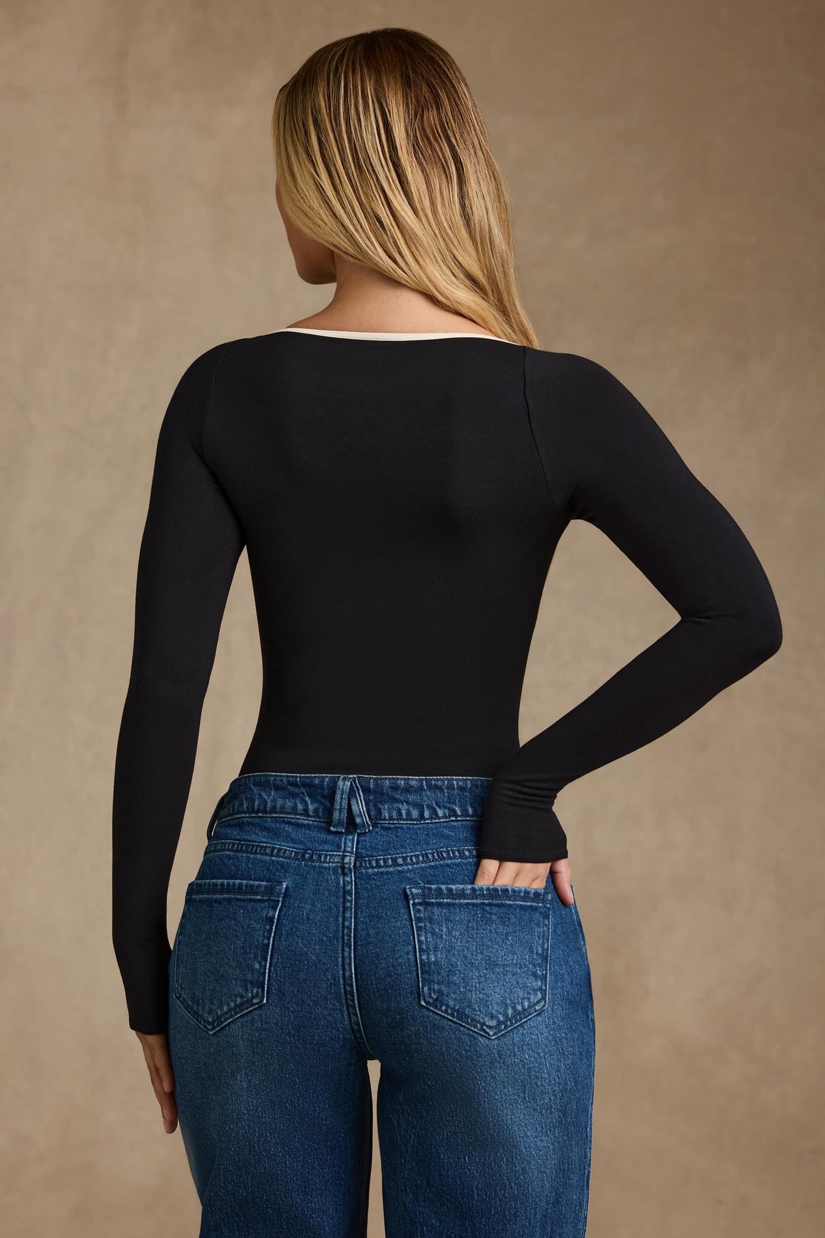 Modal Contrast-Trim Bodysuit in Black Product Image