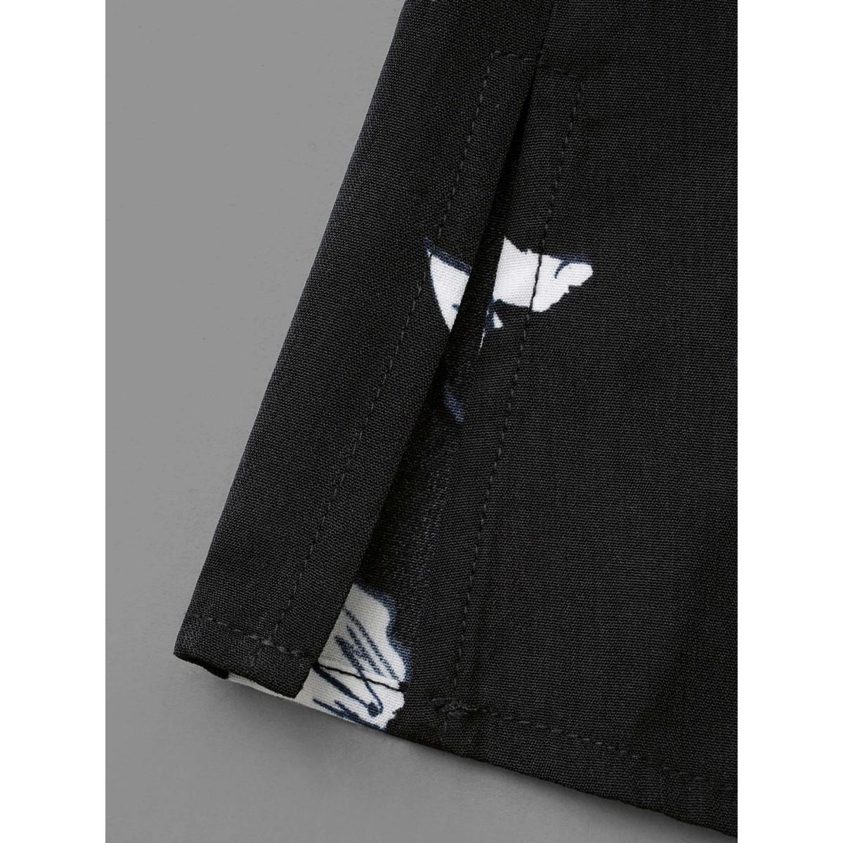 Plus Size Black Silhouette Floral Print Tab Sleeve Slit Hem Blouse Women Elegant Elbow-length sleeve Notched collar Everyday Blouses BloomChic 12/L Product Image