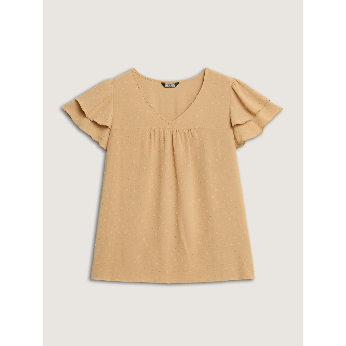Plus Size Tan Textured Bust-Comfort Layered Sleeve Blouse Women Short sleeve V-neck Vacation Blouses BloomChic 30/6X Product Image