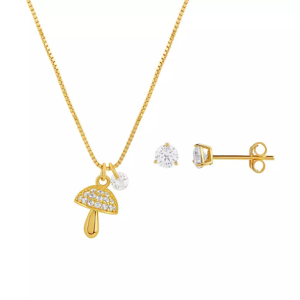 PRIMROSE 18k Gold Plated Mushroom Pendant & Cubic Zirconia Stud Earring Set, Women's, Gold Over Sterling Product Image