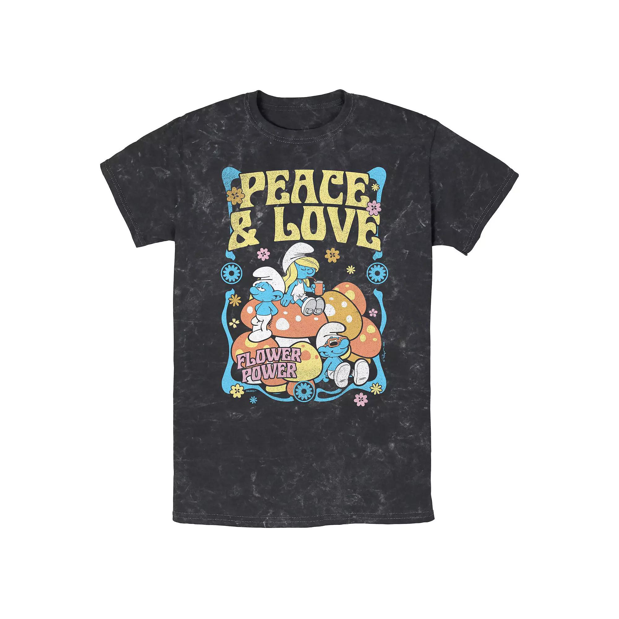 Men's Smurfs Peace And Love Mineral Wash Graphic Tee,  Product Image