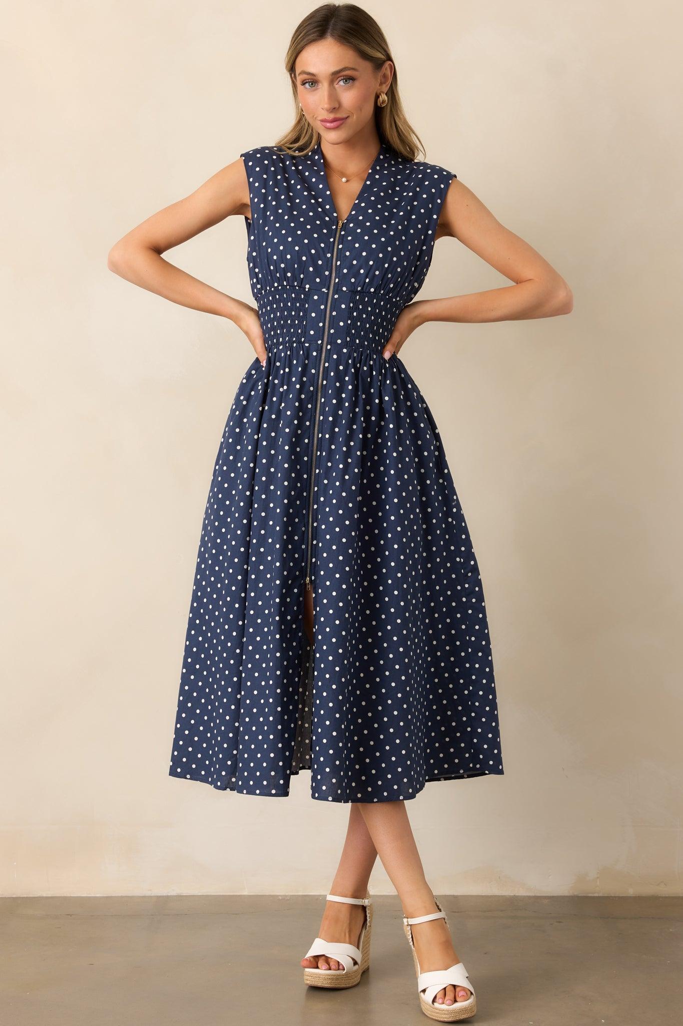 The Evette Navy Polka Dot Zip Front Midi Dress Product Image
